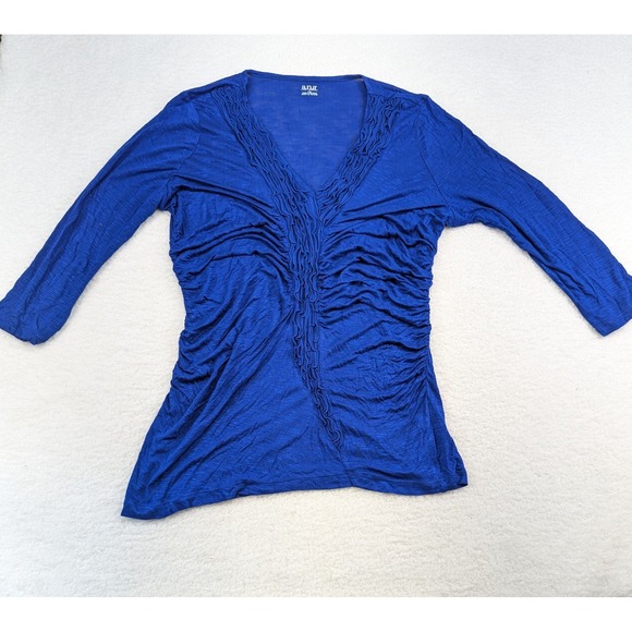 NWT A.N.A. A New Approach Womens Top Blue V Neck Ruffled Front L - Picture 1 of 9